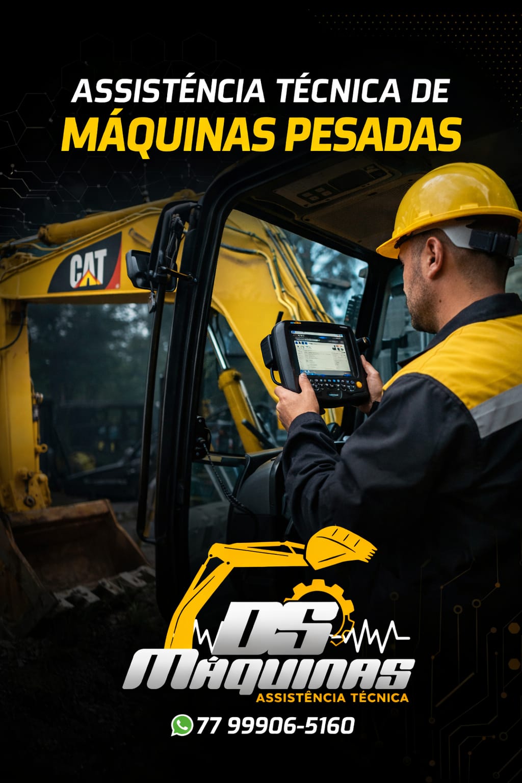 Técnico DS Máquinas realizando diagnóstico em escavadeira CAT